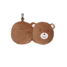 A bear-shaped plush storage pouch in brown with a smiling face, featuring a clip for attachment.