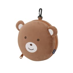 A brown bear-shaped pouch with a smiling face, featuring a zip closure and a clip attachment.