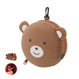 A bear-shaped travel pillow and eye mask set, featuring a soft brown exterior and a cute face design. Includes a hook.