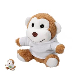 A plush toy monkey in brown and white, wearing a white hoodie, alongside a smaller version of the same toy.