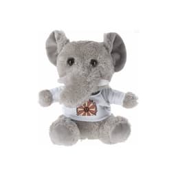A plush toy elephant in grey, wearing a white shirt with a logo. It features large ears and shiny eyes.
