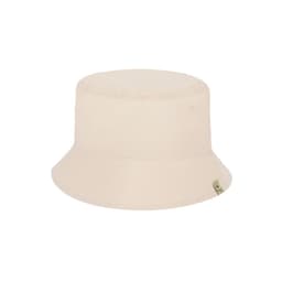 A beige bucket hat with a wide brim and a small logo on the side.
