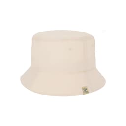 A cream-coloured bucket hat featuring a wide brim and a small branded tag.