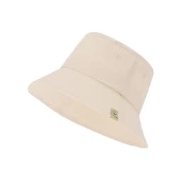 A cream bucket hat with a wide brim, featuring a small logo on the side.