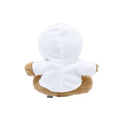 A plush toy featuring a brown body with a white hoodie and soft, fluffy texture. The toy has a tag attached.