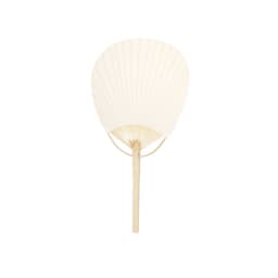 A handheld fan with a cream-coloured fabric surface and a bamboo handle, featuring a traditional pleated design.