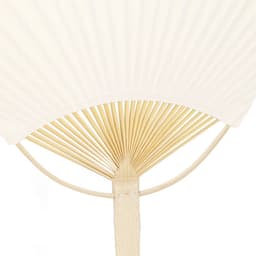 A decorative fan with a cream fabric cover and evenly spaced wooden ribs, featuring a round handle.