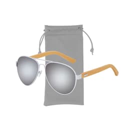 Sunglasses with silver mirrored lenses and wooden accents, accompanied by a grey protective pouch.