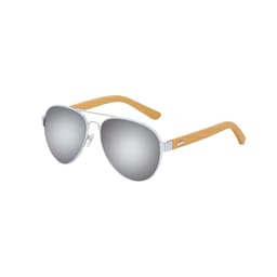 A pair of silver aviator sunglasses with wooden arms and mirrored lenses, featuring a logo on the side.