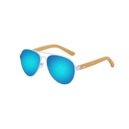 A pair of silver aviator sunglasses with blue mirrored lenses and wooden arms. Features a logo on the frame.