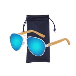 Sunglasses with silver frames and blue mirrored lenses, accompanied by a navy drawstring pouch.