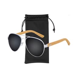 Sunglasses with black lenses and bamboo-style arms, accompanied by a black carry pouch.