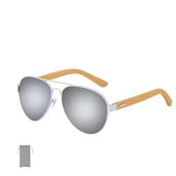 Sunglasses with silver lenses and wooden arms, accompanied by a grey storage pouch.