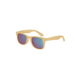 Sunglasses with a light wooden frame and tinted lenses featuring a gradient of blue and purple hues.