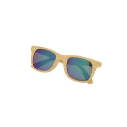 A pair of wooden sunglasses with blue-tinted lenses and a natural wood finish. Features a logo on the arm.