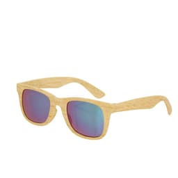 A pair of wooden sunglasses with mirrored lenses in shades of blue and purple. Features a logo on the frame.