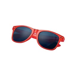 Red sunglasses with dark lenses, featuring a logo on the frame, ideal for leisure and outdoor activities.
