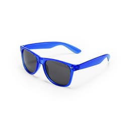 A pair of blue sunglasses with dark lenses, featuring a logo on the side.