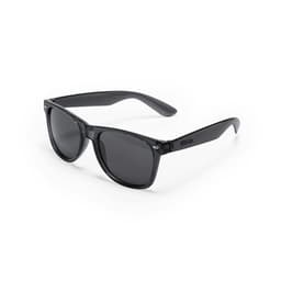 Black sunglasses with a classic design, featuring a logo on the side and dark tinted lenses.