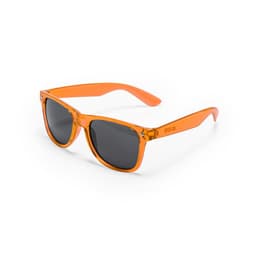 Orange sunglasses with dark lenses, featuring a slight transparent design and a logo on the arm.