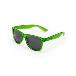 A pair of green sunglasses with dark lenses, featuring a logo on one arm.