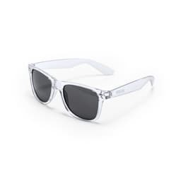 Transparent sunglasses with dark lenses and clear frames featuring a logo on the side.
