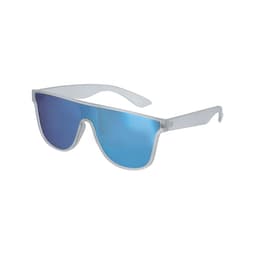 Sunglasses with a clear frame and blue mirrored lenses, featuring a logo on the arm.