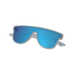 A pair of sunglasses with a silver frame and blue lenses, featuring a logo on the side.