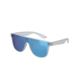 A pair of oversized sunglasses with a clear frame and blue mirrored lenses, featuring a logo on the side.
