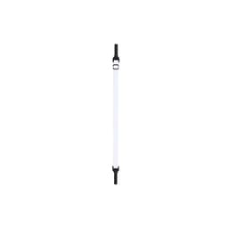 A sunglass strap in white with black ends and an adjustable buckle. Features branding.