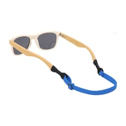 Sunglasses with a light-coloured frame and grey lenses, featuring a blue adjustable strap for secure wear.