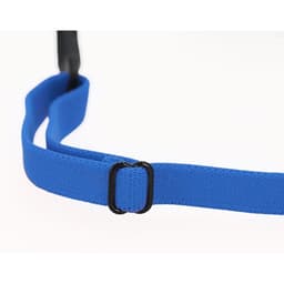 A blue adjustable strap featuring a black buckle, designed for securing sunglasses or accessories.