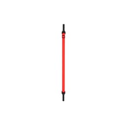 A red sunglass strap with black ends, featuring adjustable components for a secure fit.