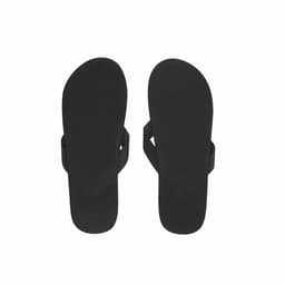 A pair of black thongs with a textured sole and simple strap design, featuring a logo.