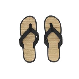 A pair of black thongs with a natural, textured sole in a top view layout.