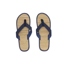 A pair of navy thongs with a textured straw footbed and dual strap design. Features a logo on one thong.