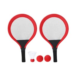 A pair of red mesh paddle bats with black grips, accompanied by two soft balls and a shuttlecock.