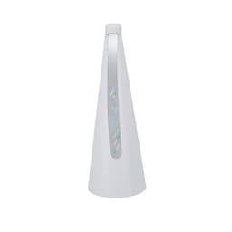 A white fly repellent fan with a sleek conical design and a silver detail on the side.