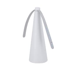 A white fly repellent fan with grey blades and a sleek design, featuring a branding logo.