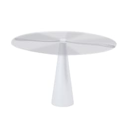 A white fly repellent fan with a conical base and a circular top, featuring a simple design and a logo.