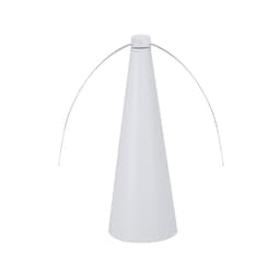 A white fly repellent fan with a cone-shaped body and a wire handle at the top.