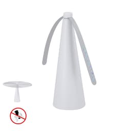 A white fly repellent fan with a cone shape and three curved blades, designed for outdoor use.