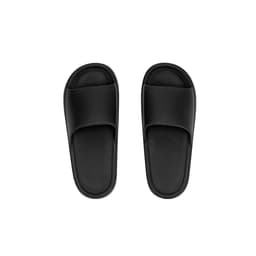 A pair of black thongs with a simple design, featuring a broad strap and a flat sole.