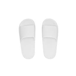 A pair of white thongs with a simple design, featuring a logo on the strap.