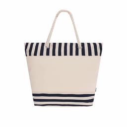 A cream and navy striped insulated bag with rope handles, featuring a brand logo.