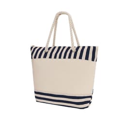 A striped insulated cooler bag in beige and navy with rope handles and a logo.