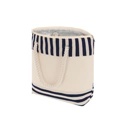 A cream and navy striped insulated bag with rope handles, featuring a silver interior lining.