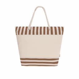 A large insulated bag in cream and brown, featuring a striped design and rope handles. Includes a branding logo.