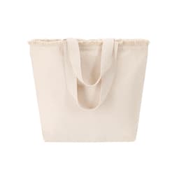A beige tote bag with frayed detailing and sturdy handles, featuring a logo on the front.