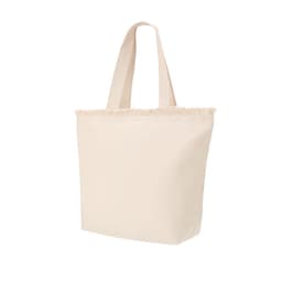 A cream tote bag with frayed edges and two sturdy handles. It features a logo on the front.